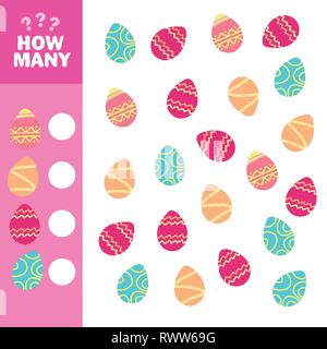 Wie viele ist Lernspiel. Mathe Aufgabe für die Entwicklung des logischen Denkens der Kinder. Zählen, wie viele Eier und notieren Sie das Ergebnis. Stock Vektor