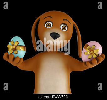 Cute cartoon Hund mit Ostereier auf schwarzen Hintergrund isoliert. 3D-Rendering Stockfoto