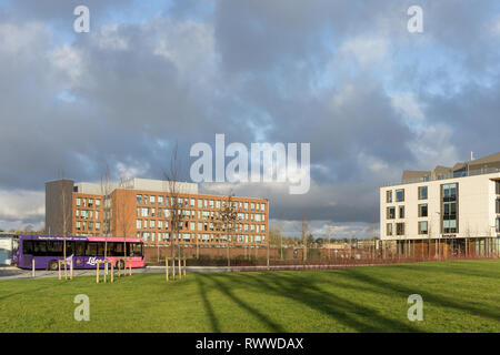 Blick über Wasser auf dem Campus der Universität von Northampton, UK; der Senat Gebäude rechts, Avon Kosmetik nach hinten. Stockfoto