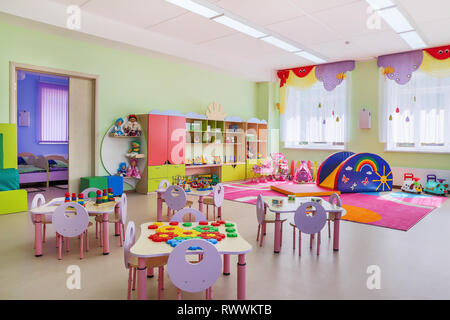 Kindergarten, Spielzimmer. Kindergarten mit Spielzeug. Nahaufnahme. Stockfoto