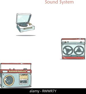 Vintage Audio Player. Aufnehmen von Musik. Cartoon im Retro-Stil mit grunge Texturen und Rost Effekt. Hand clip art gezeichnet Stock Vektor