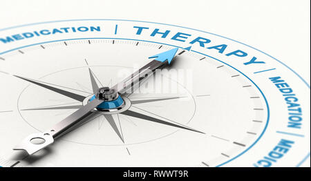 3D-Darstellung der konzeptionellen Kompass mit Nadel nach dem Wort Therapie anstelle von Medikamenten. Konzept der komplementären Behandlung für Tiefstand. Stockfoto