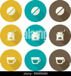 Flaches Design Icons mit dem Thema Kaffee Zubereitung. Coffee Bean, Schleifer und Becher. Stock Vektor