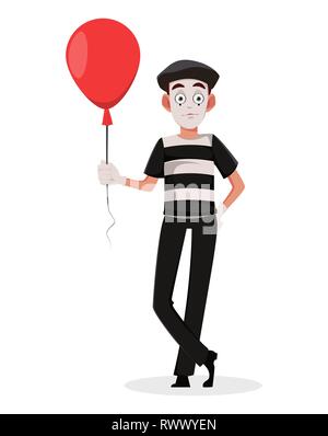 Mime-zeichentrickfigur halten roten Luftballon. Flat Style. Verwendbar für April Fool's Day. Vector Illustration auf weißem Hintergrund. Stock Vektor