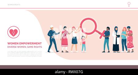 Diverse Frauen zusammen stehen und einander unterstützen, halten Sie die weibliches Symbol, Feminismus, Frauen das Recht und den Frauentag Konzept Stock Vektor