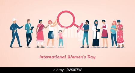 Diverse Frauen zusammen stehen und einander unterstützen, halten Sie die weibliches Symbol, Feminismus, Frauen das Recht und den Frauentag Konzept Stock Vektor