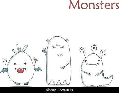 Satz von niedlichen Happy weiße Monster. Hand gezeichnet Abbildung flauschige cartoon Clipart auf weißen Hintergrund. Stock Vektor