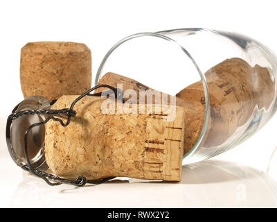 Champagner Glas und Korken auf weißem Hintergrund Stockfoto