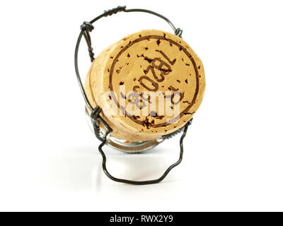 Campagne Cork auf weißem Hintergrund Stockfoto