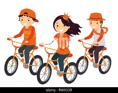 Abbildung: Stickman Jugendmädchen und Guy tragen Orange Outfit und mit dem Fahrrad während Könige Tag Stockfoto