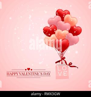 Happy Valentines Tag Hintergrund, rot, rosa und orange Ballon in Form von Herzen, die mit Bogen und Farbband und Papier Shopping Bag. Vector Illustration. Stock Vektor