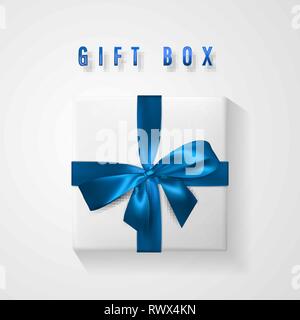 Weiß Geschenkbox mit blauer Schleife und band oben anzeigen. Element für die Dekoration Geschenke, Glückwünsche, Feiertage. Vector Illustration. Stock Vektor