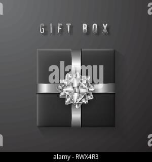 Schwarzer Geschenkkarton mit Weiß, Silber und Bogen band oben anzeigen. Element für die Dekoration Geschenke, Glückwünsche, Feiertage. Vector Illustration. Stock Vektor