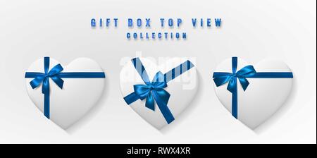 Set Weiß Herz Form Geschenkbox mit Schleife und band oben anzeigen. Element für die Dekoration Geschenke, Glückwünsche, Feiertage. Vector Illustration. Stock Vektor