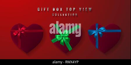 Set Weiß Herz Form Geschenkbox mit Schleife und band oben anzeigen. Element für die Dekoration Geschenke, Glückwünsche, Feiertage. Vector Illustration. Stock Vektor
