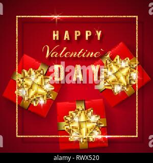 Happy Valentines Tag Goldenes glitzern. Rote Geschenkbox mit Schleife und band oben anzeigen. Element für die Dekoration Geschenke, Glückwünsche, Feiertage. Vect Stock Vektor