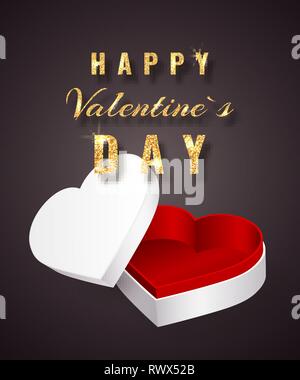 Happy Valentines Tag Goldenes glitzern. Geschenkbox mit Schleife und band oben anzeigen. Element für die Dekoration Geschenke, Glückwünsche, Feiertage. Vektor illustra Stock Vektor