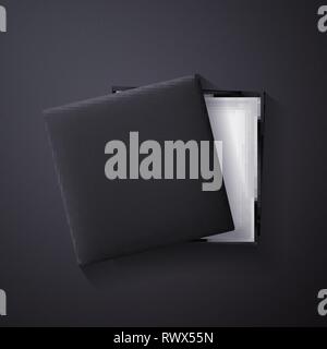 Leere Geschenkbox, schwarz auf dunklem Hintergrund geöffnet. Ansicht von oben. Vorlage für Ihre Präsentation, Banner oder Poster. Vector Illustration. Stock Vektor