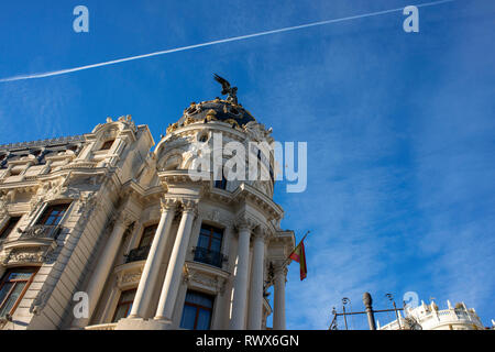 Madrid Metropolis Gebäude, an der Ecke der Gran Vía und Calle de Alcala, 1911 von den Architekten Jules und Raymond Février für die Insura konzipiert Stockfoto