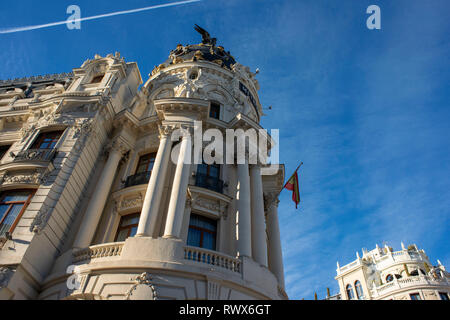 Madrid Metropolis Gebäude, an der Ecke der Gran Vía und Calle de Alcala, 1911 von den Architekten Jules und Raymond Février für die Insura konzipiert Stockfoto