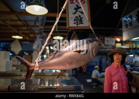 Tsukiji Fischmarkt, Tokio, Japan, Asien, der größte Großhandel Meeresfrüchte-Markt in der Welt. Ansicht von Geschäften, Verkaufsständen, Menschen Stockfoto