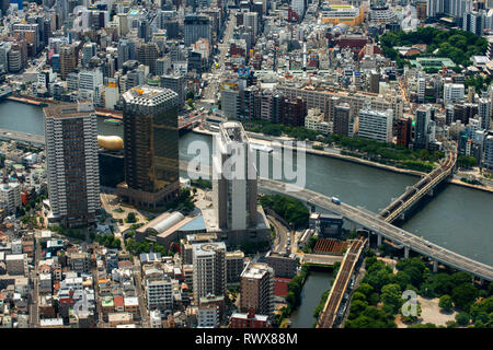 Panoramablick auf die moderne Skyline der Stadt aus der Vogelperspektive aerial Tagesansicht mit Tokyo skytree unter dramatischen Glühen in Tokio, Japan. Stockfoto