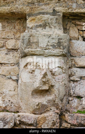 Nahaufnahme eines verwitterten Maya geschnitzten Kopf an eine Wand in Palenque. Stockfoto