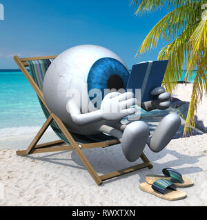 Blue eye Ball mit Armen, Beinen und Sandalen auf dem Liegestuhl ein Buch lesen, 3 Abbildung d Stockfoto