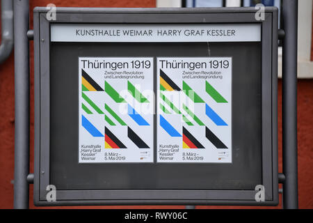 07 März 2019, Thüringen, Weimar: Die Ausstellung "Thüringen 1919: Zwischen Revolution und Gründung des Staates' kann in der Kunsthalle Harry Graf Kessler gesehen werden. Nach dem Reich Rat hatte das Gesetz über die Bildung in Thüringen am 20. April 1920 bestanden, und der Nationalversammlung am 30. April 1920, von Thüringen wurde am 1. Mai 1920 gegründet, als die einzige neue Grundlage der Weimarer Republik. Die Ausstellung gibt einen Einblick in diese Prozesse. Es kann von 09. März bis 05. Mai gesehen werden. Adresse: Foto: Martin Schutt/dpa-Zentralbild/dpa Stockfoto