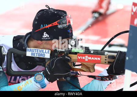 Östersund, Schweden. 7 Mär, 2019. IBU Biathlon Weltmeisterschaften, gemischte Relais; Simon Desthieux (FRA) in Action: Action Plus Sport/Alamy leben Nachrichten Stockfoto