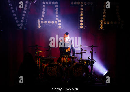 Norwegen, Bergen - März 7, 2019. Die schwedische Heavy Metal Band Avatar führt ein Live Konzert an der USF Verftet in Bergen. Hier Schlagzeuger John alfredsson wird gesehen, live auf der Bühne. (Foto: Gonzales Foto - Jarle H. Moe). Credit: Gonzales Foto/Alamy leben Nachrichten Stockfoto