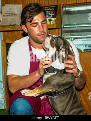 Birmingham, Großbritannien. 8. März, 2019. NEC Birmingham. Die crufts Dog Show. Jack Fincham Love Island Sieger. Zusammen mit seinem Bulldog auf der Benyfit Natürlichen stand Credit: charlie Bryan/Alamy leben Nachrichten Stockfoto