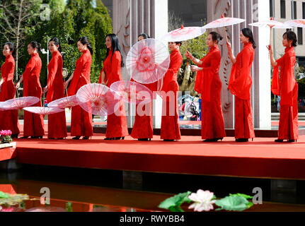 Kunming, Provinz Yunnan in China. 8 Mär, 2019. Tänzer während der Eröffnungszeremonie für ein Kulturfestival, das Teil der 2019 China-Laos Tourismus Jahr in Kunming, der Hauptstadt der Provinz Yunnan im Südwesten Chinas, 8. März 2019. Credit: Xie Ziyi/Xinhua/Alamy leben Nachrichten Stockfoto