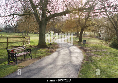 Billericay, Essex, Großbritannien. 8. März, 2019. UK Wetter: Sonniger Start in den Tag in Billericay - ein Blick von Menschen zu Fuß durch den See Lake Credit: Ben Rektor/Alamy leben Nachrichten Stockfoto