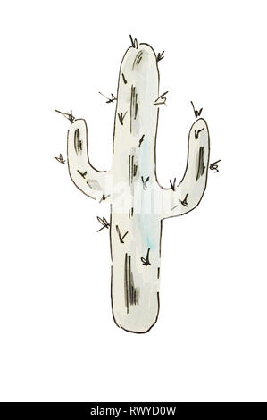 Blau aquarell Cactus mit schwarzer Outline auf weißem Hintergrund. Skecht Stil Stockfoto