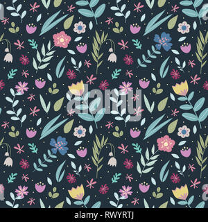 Retro Design floral nahtlose Muster mit vielen verschiedenen bunten stilisierten Blumen und Blätter auf dunklem Hintergrund Stockfoto