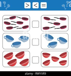 Lernen Mathematik, Zahlen - mehr, weniger oder gleich. Aufgaben für Kinder - Gerichte Stock Vektor