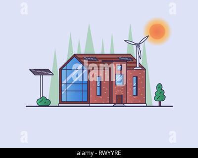 Modernes Haus mit eco-Technologien - mehrere Solarzellen und eine Windkraftanlage auf dem Dach Stock Vektor