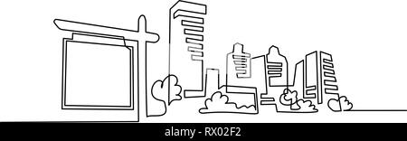 Kontinuierliche eine Linie zeichnen. Gebäude Stadtbild Line Art Silhouette mit Verkauf Billboard. Vector Illustration Stock Vektor
