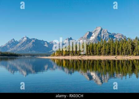 Berge im See spiegeln, Colter Bay Bay, Jackson Lake, Teton Range Bergkette, Grand Teton National Park, Wyoming, USA Stockfoto