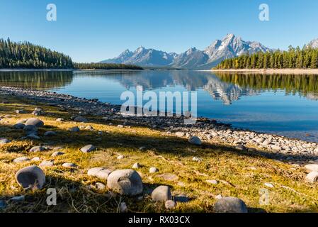 Berge im See spiegeln, Colter Bay Bay, Jackson Lake, Teton Range Bergkette, Grand Teton National Park, Wyoming, USA Stockfoto