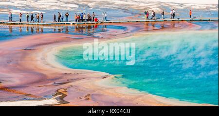 Touristen auf einem Steg im thermischen Bereich, dampfende heiße Quelle, Grand Prismatic Spring, Midway Geyser Basin Stockfoto