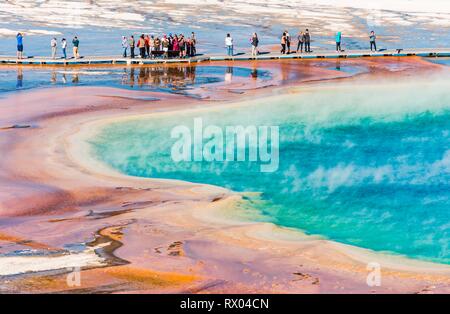 Touristen auf einem Steg im thermischen Bereich, dampfende heiße Quelle, Grand Prismatic Spring, Midway Geyser Basin Stockfoto