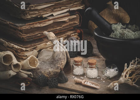 Flaschen von homöopathischen Globuli, Mörtel Getrocknetes Moos, alte Bücher, trockene Wurzeln, Nüssen und Pflanzen. Homöopathische Medizin. Stockfoto