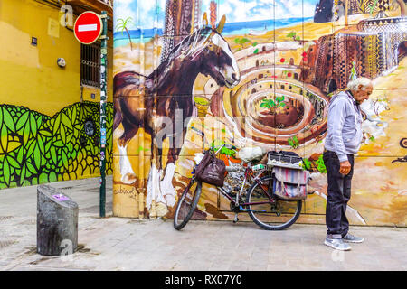 Ein Mann, der vor einer Graffiti-Wand steht, Szene in Valencia, der Altstadt, der Straße im Stadtteil El Carmen, Spanien Stockfoto