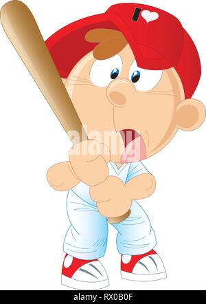 In der Vector Illustration einer Cartoon Junge spielt Baseball, Er schwingt eine Fledermaus. Auf weissem Hintergrund Stock Vektor