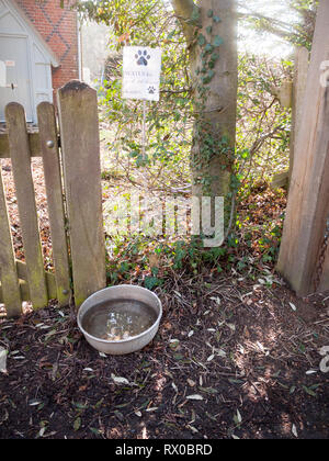 Hund Wasser Schüssel außerhalb Gatter weg auf dem Land Haustiere, Essex, England, Großbritannien Stockfoto