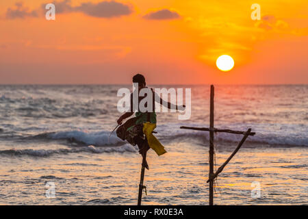 Berühmte traditionelle Sri Lankan Stelze angeln. Unawatuna, Sri Lanka Stockfoto