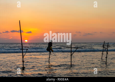 Berühmte traditionelle Sri Lankan Stelze angeln. Unawatuna, Sri Lanka Stockfoto