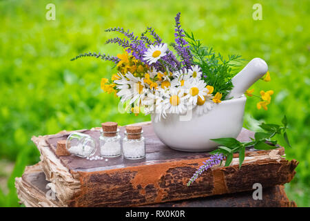 Mörtel von heilenden Kräutern, Flaschen der homöopathischen Kügelchen und altes Buch im Freien. Homöopathische Medizin. Stockfoto